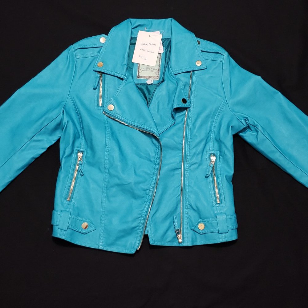 super cute turquoise moto jacket